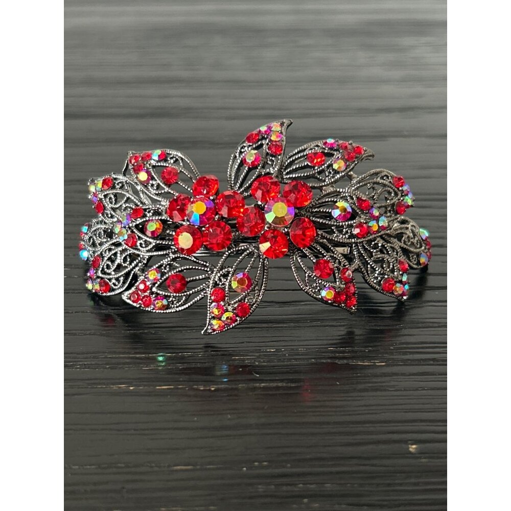 Clip Paris Red Rhinestone Hair Clip Barrette Silver-Tone Metal Filigree Design